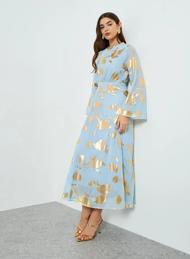 Styli Women Blue Foil Print A-Line Maxi Dress